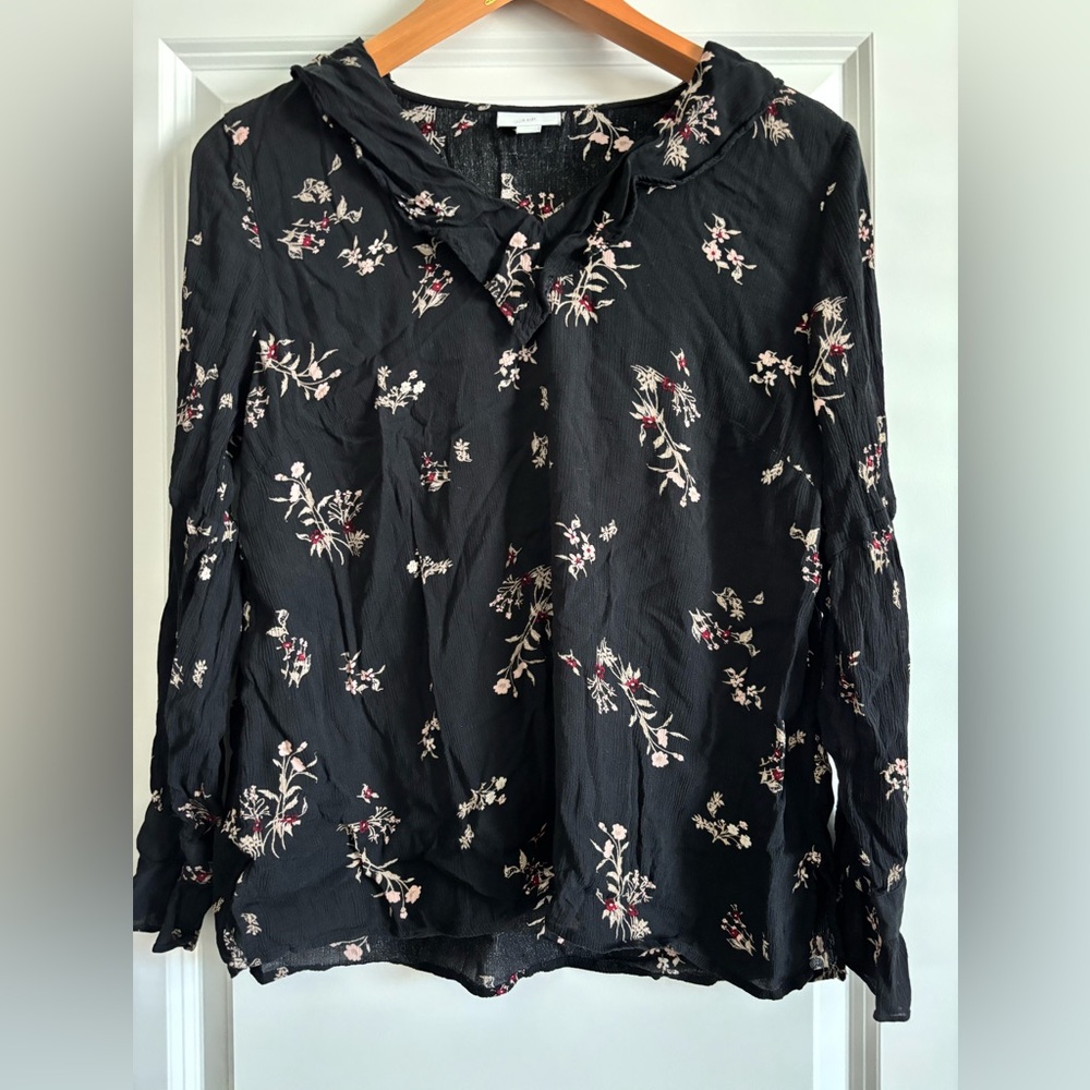 J Jill Womens Black Floral Print Ruffle‎ Neck Long Sleeve Large